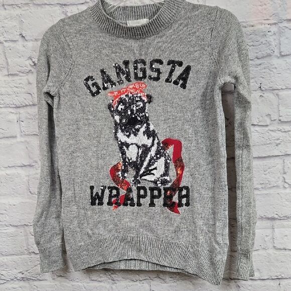 H&M Gangsta Wrapper Sequin Pug Dog Gray Crew Neck Sweater Urban Hip Christmas XS - Picture 4 of 14